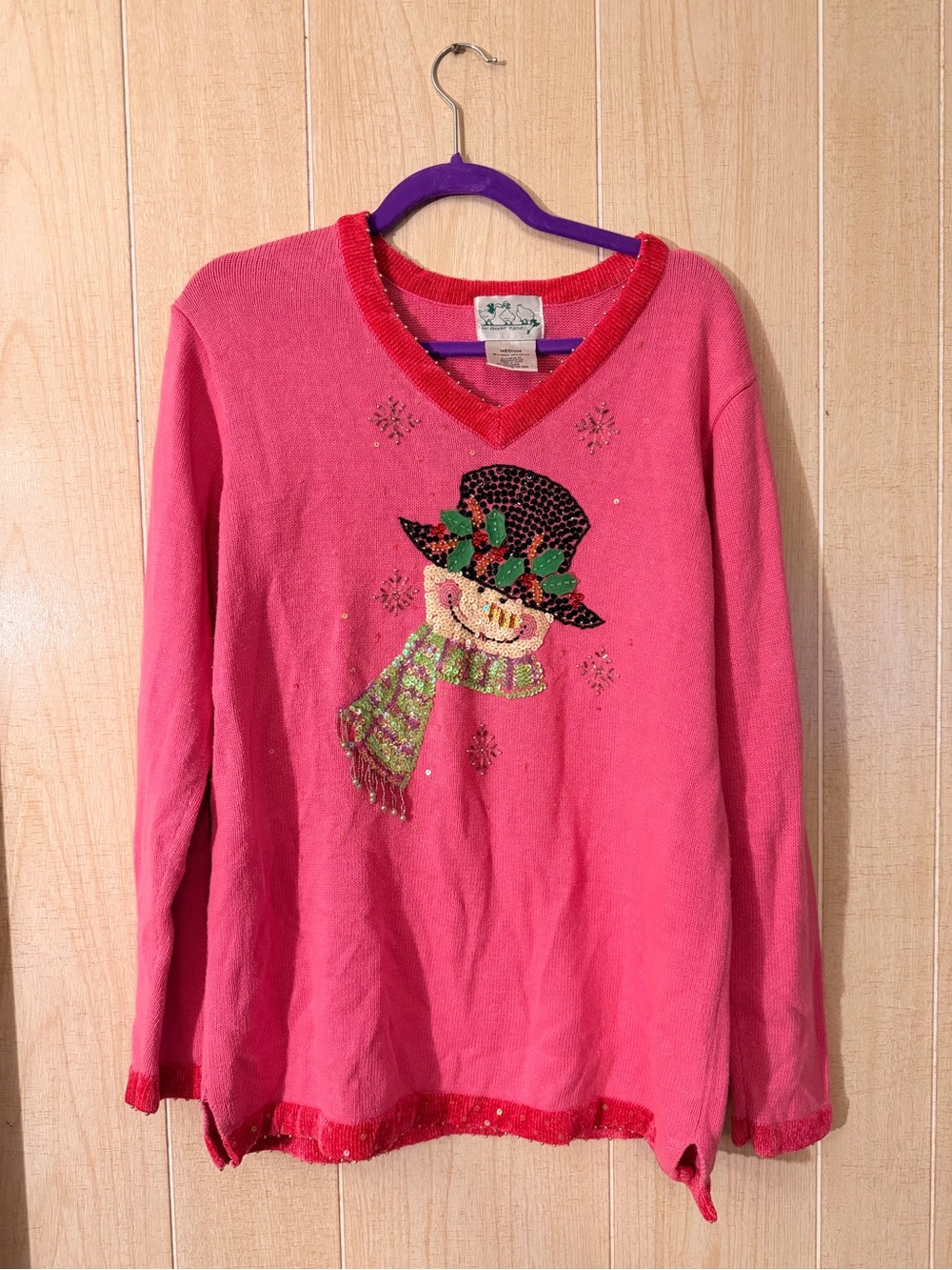 Quacker Factory Hot Pink Sweater with Sequined Snowman and Green Scarf Vintage